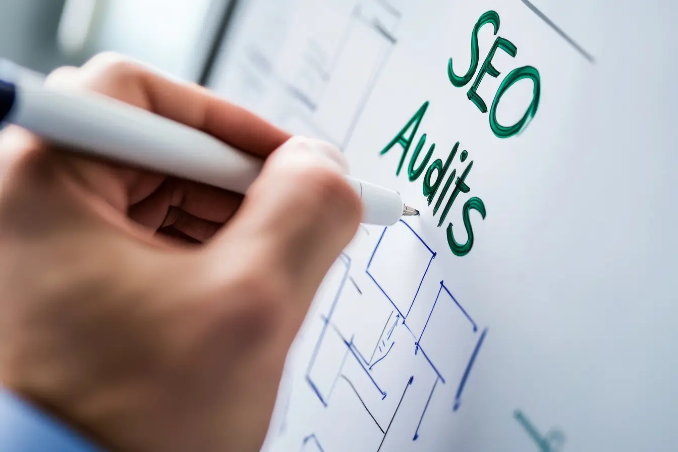 Hand writing SEO Audits on a whiteboard with a site structure diagram illustrating a technical SEO site audit process