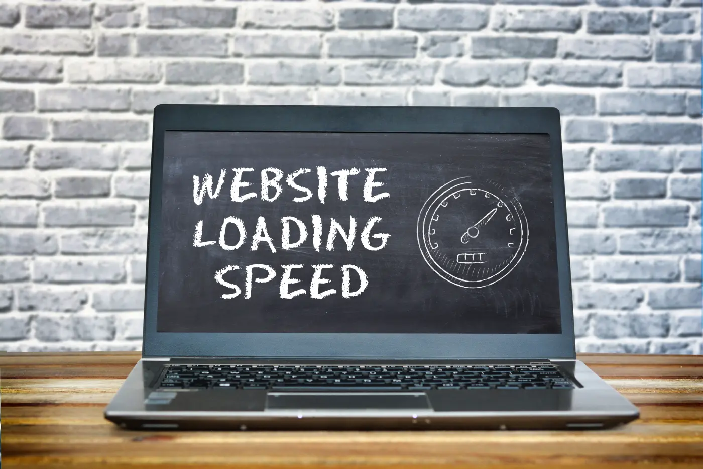 Laptop screen displaying the words Website Loading Speed with a speedometer icon against a brick wall background