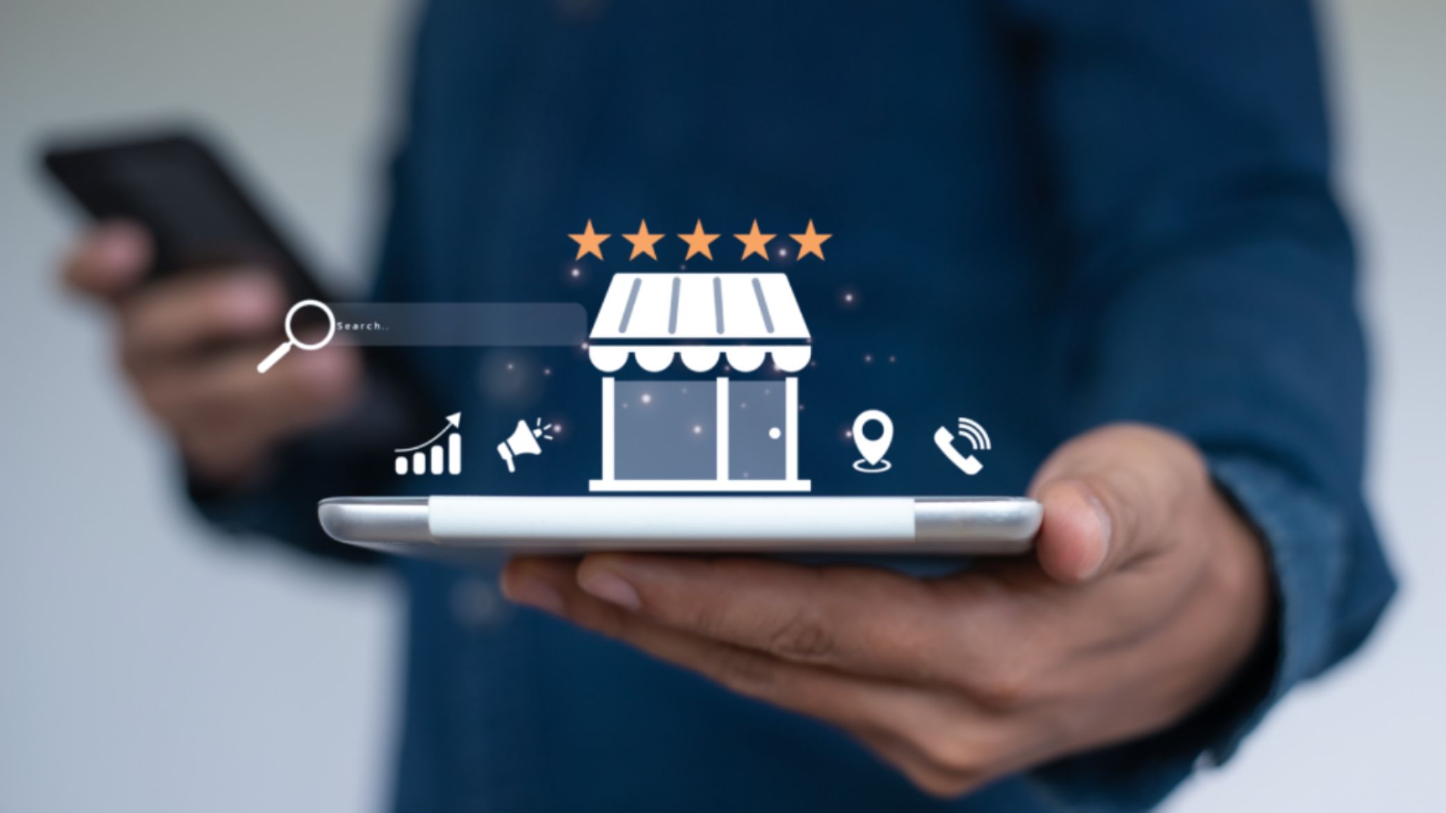 Google business profile optimization on a mobile phone with storefront, five star rating, and local search.