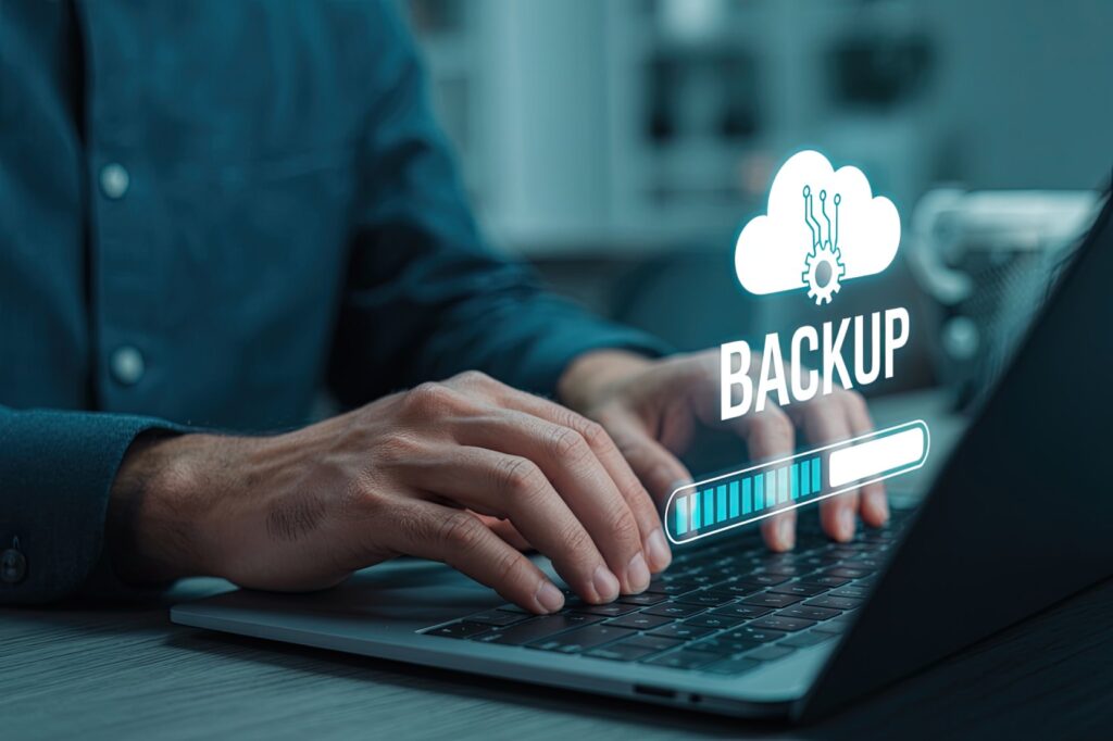 Person using a laptop for cloud backup with progress bar and cloud icon, illustrating Managed IT Support data protection and storage
