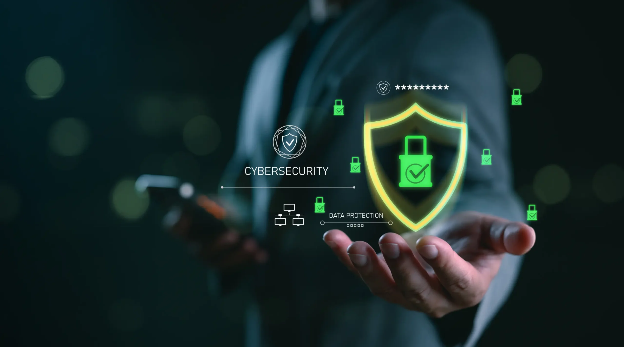 Small Business Cybersecurity concept showing a businessman holding a glowing shield and padlock to represent data protection and online security
