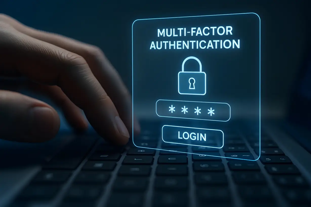 Small Business Cybersecurity showing a multi-factor authentication login interface on a laptop