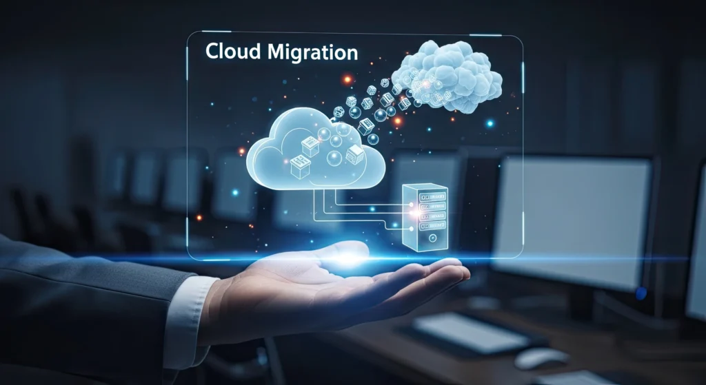 Businessman in a modern office presenting a cloud migration concept with a glowing digital cloud, explaining why migrate to the cloud for scalable and efficient operations.