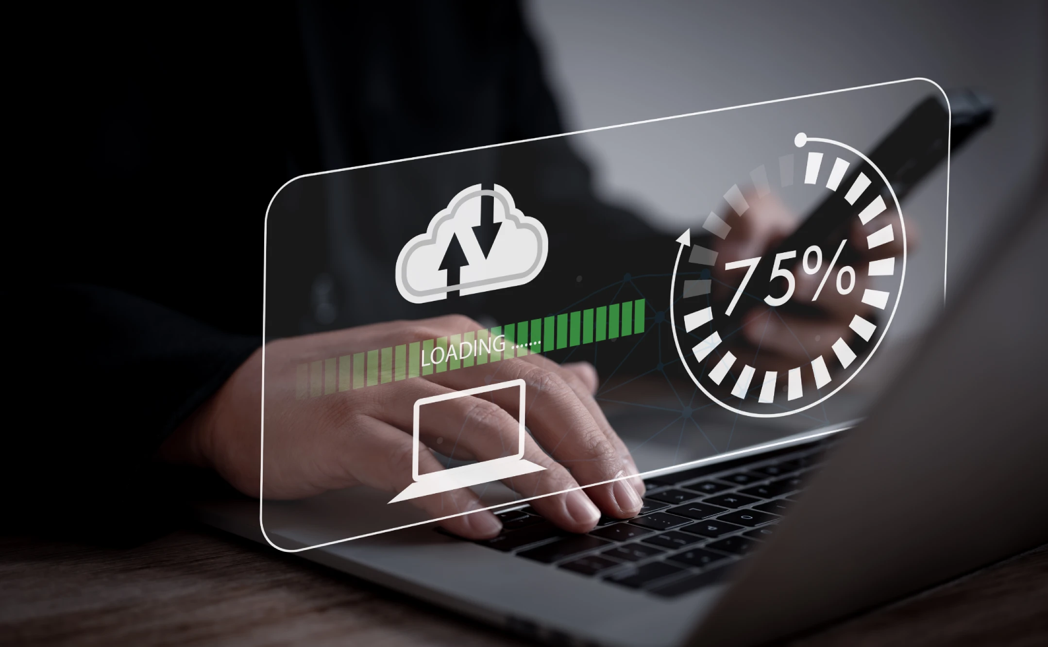 Businessman using a laptop for encrypted file transfer, uploading and downloading documents over the internet with secure remote access, showing why migrate to the cloud for data protection and flexibility.