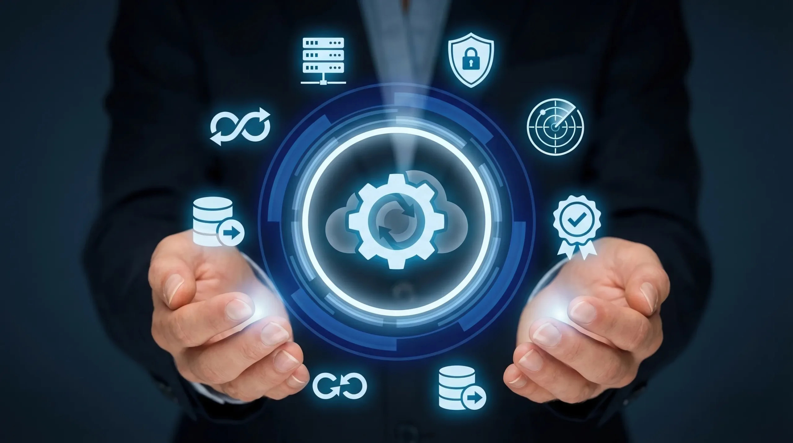 Hands supporting a holographic cloud gear icon representing IT Infrastructure Management Services, surrounded by symbols for security, DevOps, data migration, monitoring, and compliance.