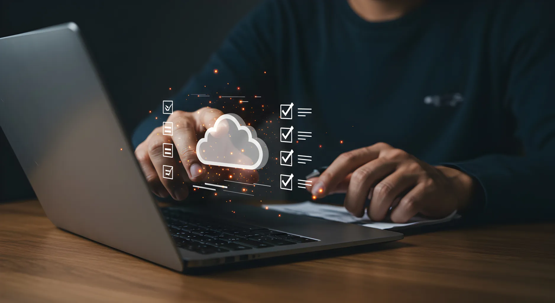 IT professional interacting with a holographic cloud and digital checklists on a laptop, illustrating structured IT Infrastructure Management Services.
