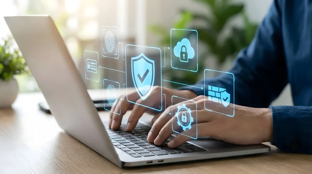 IT professional managing network infrastructure security settings on a laptop with digital icons representing firewalls, biometric authentication, and cloud protection