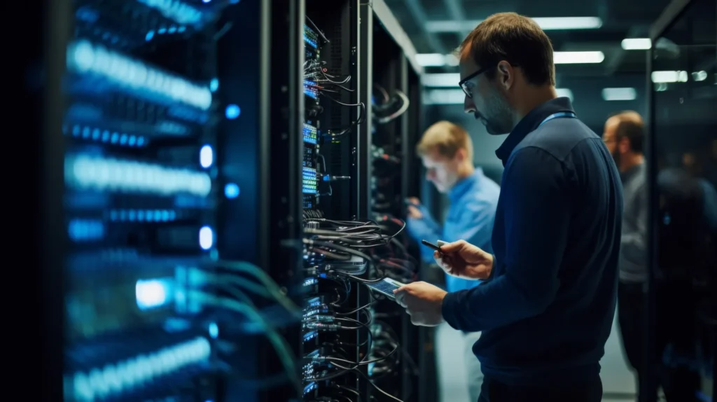 Technicians performing hands-on network infrastructure management services inside a data center, inspecting server racks and cables with a tablet