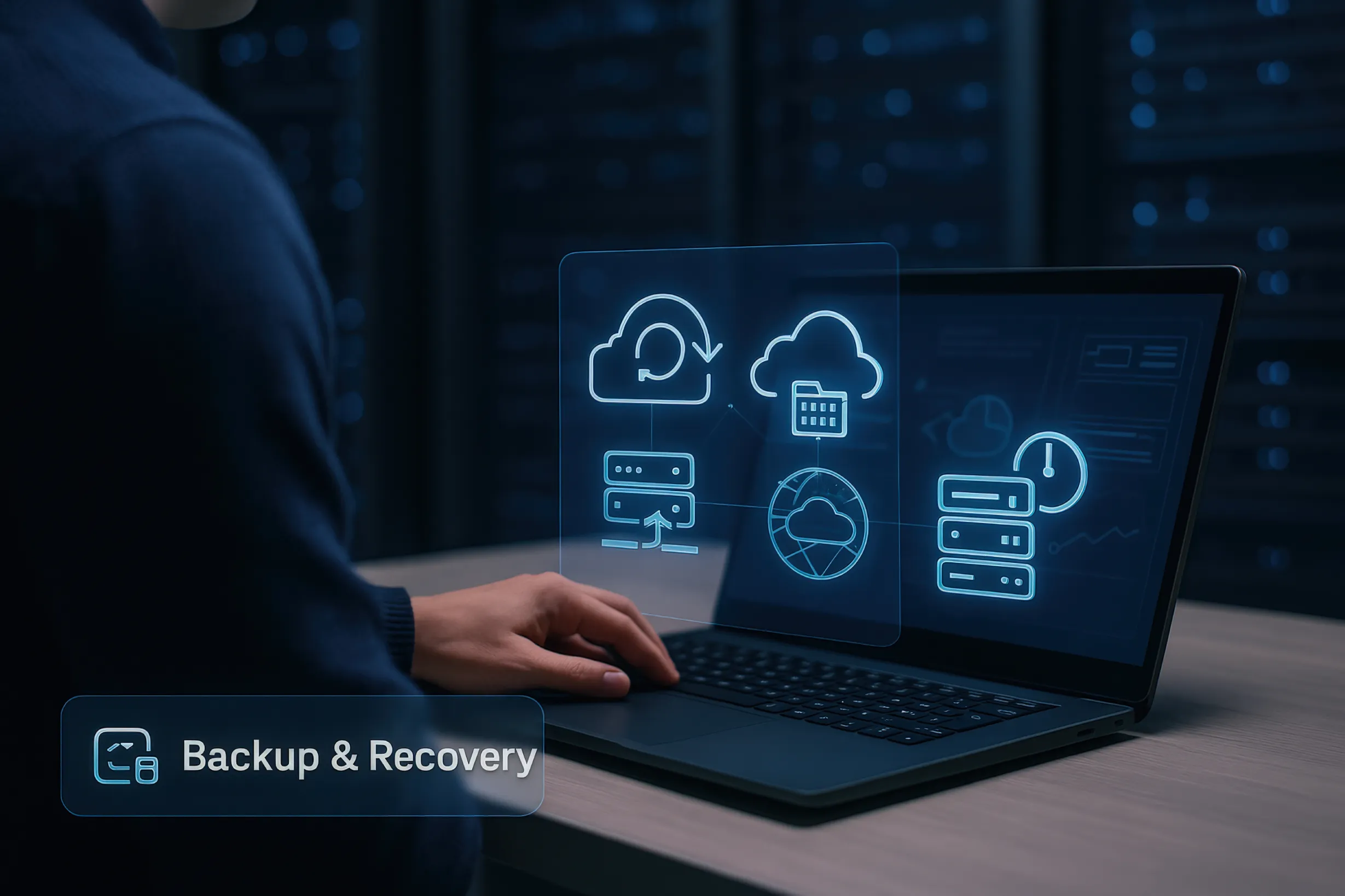 IT professional managing data recovery and backup solutions on a laptop in a server room.