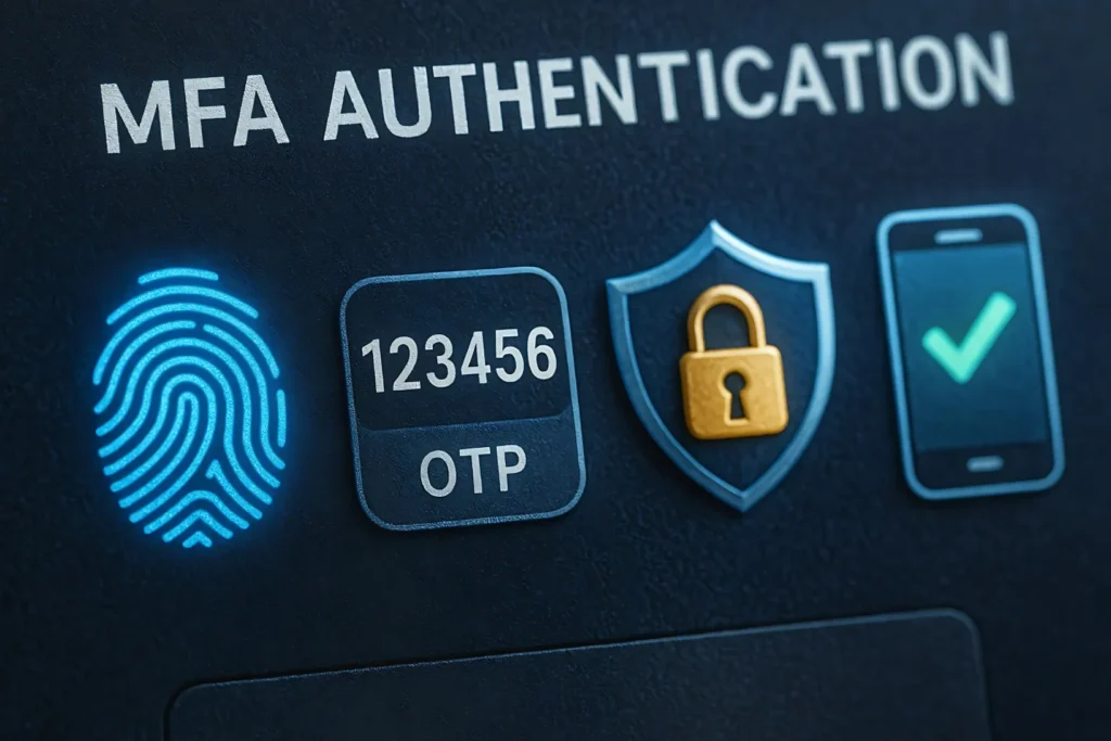 Multi-factor authentication backup systems showing OTP, fingerprint scan, security shield, and mobile verification icons.