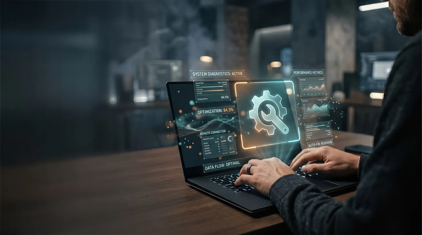 IT professional managing remote work IT infrastructure with system diagnostics and performance metrics on a laptop