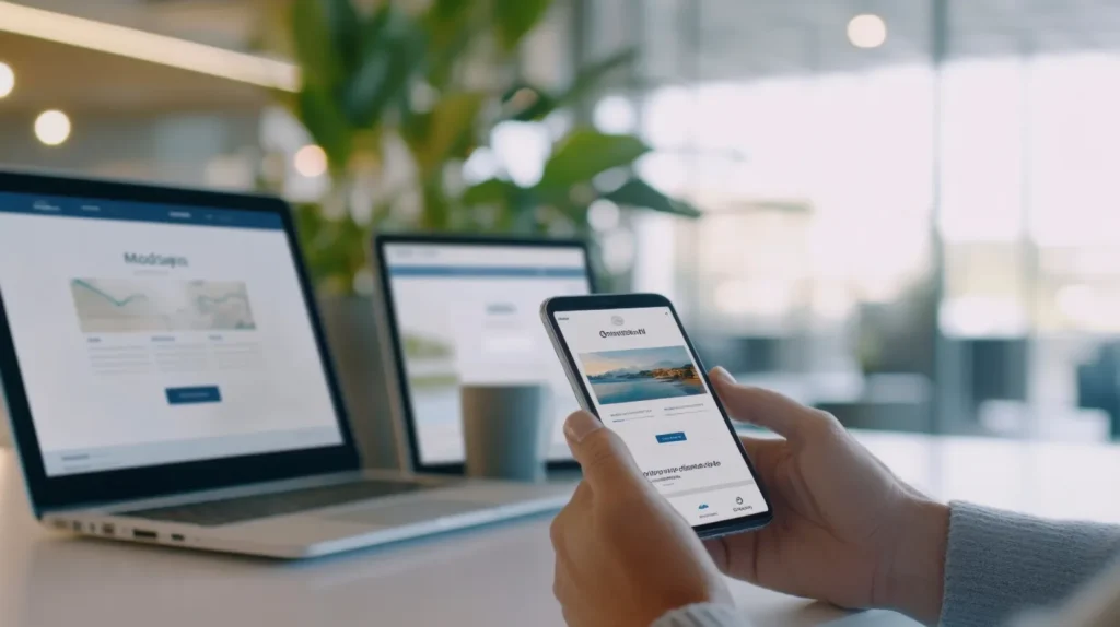 Person viewing a business website on a smartphone and laptop showing the need for a Phoenix website redesign for mobile optimization