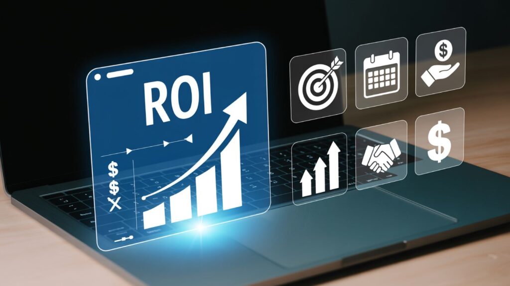 ROI of managed IT services Phoenix shown through a growth chart and business icons on a laptop screen
