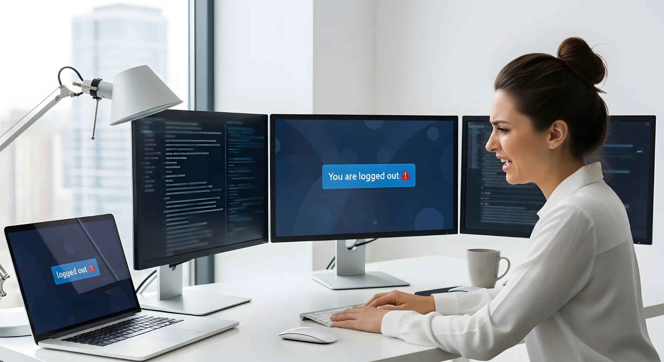 Frustrated employee facing login errors across devices, a common small business IT frustration