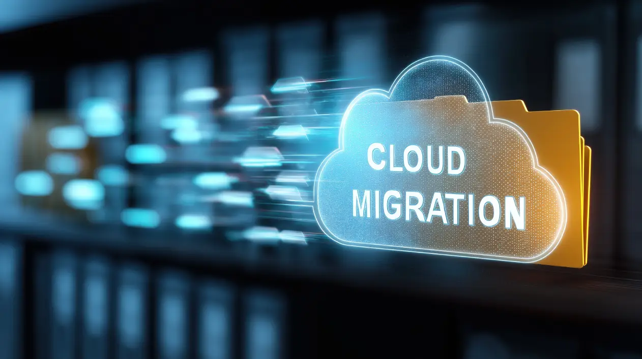 Digital folder transferring data to the cloud, representing Cloud Migration for Small Businesses