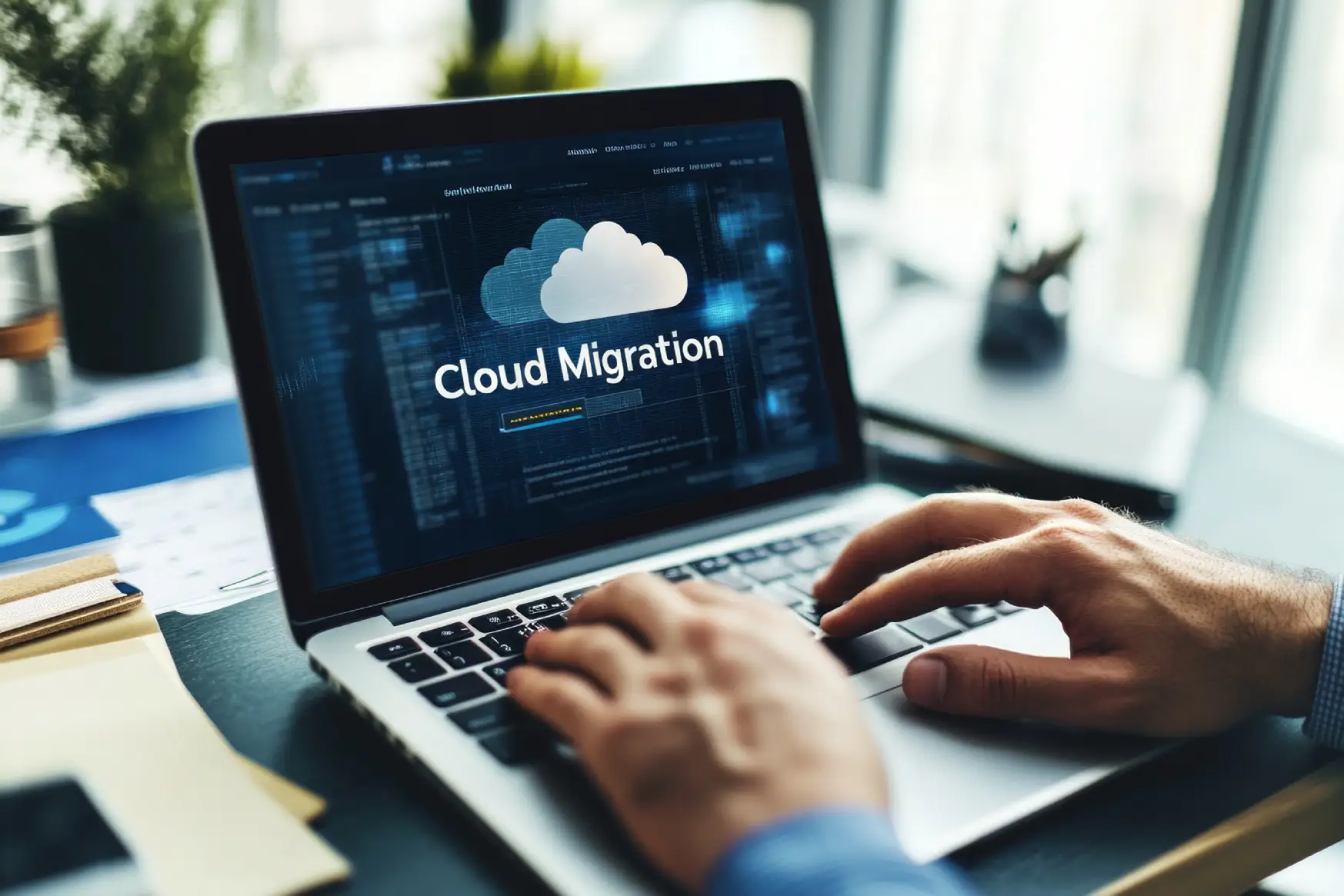 Business owner working on laptop displaying Cloud Migration for Small Businesses dashboard