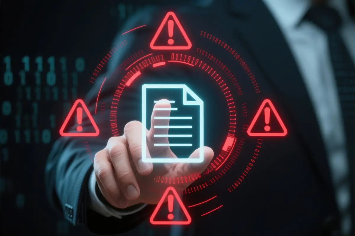 Cybersecurity warning icons illustrating the human factor in remote work security, including phishing risks and employee security awareness.