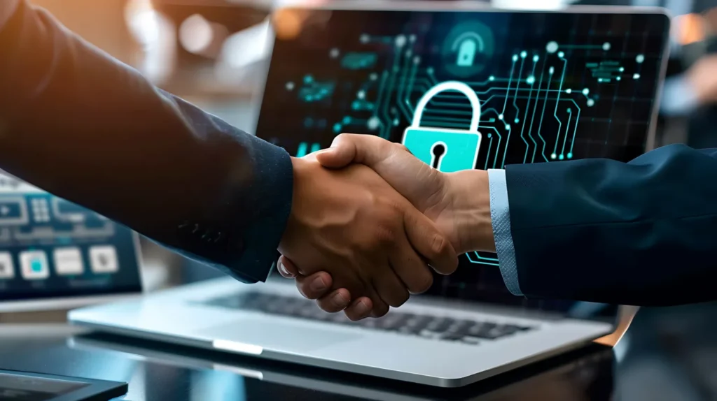 Business professionals shaking hands after asking the right questions to choose a managed IT provider, with cybersecurity lock icon on laptop screen