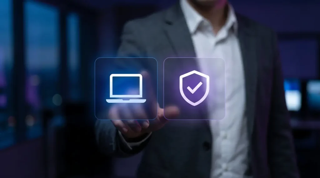 Business professional selecting laptop and security shield icons representing remote work security for a distributed team.