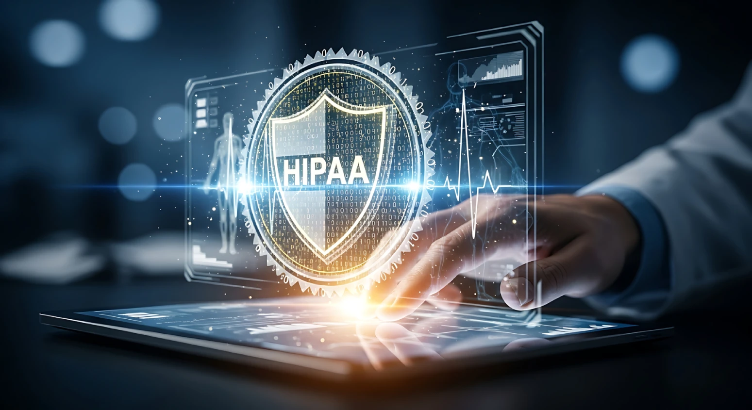 Business professional reviewing HIPAA compliance for small businesses on a digital tablet