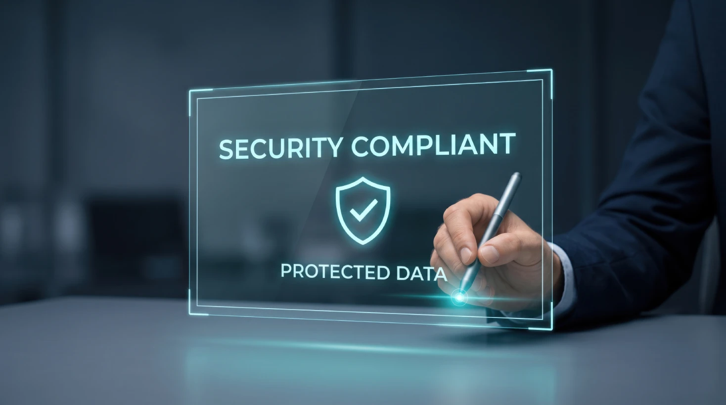 Businessman confirming HIPAA compliance for small businesses on a protected data security display