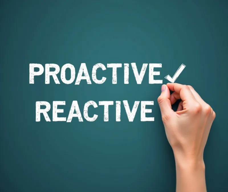 Hand checking "proactive" over "reactive" on a chalkboard, representing proactive IT vs reactive IT