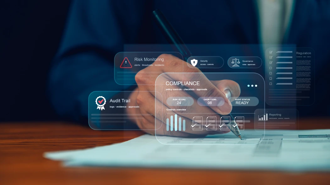 Security vs compliance dashboard showing risk monitoring, audit trail, and governance controls