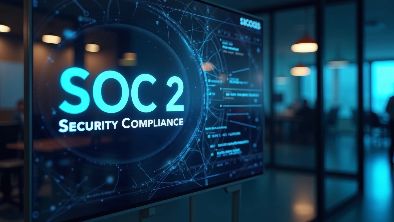 Security vs compliance concept shown on a SOC 2 display screen in a modern office