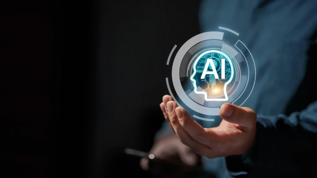 Businessman holding a digital AI interface, representing AI in managed IT