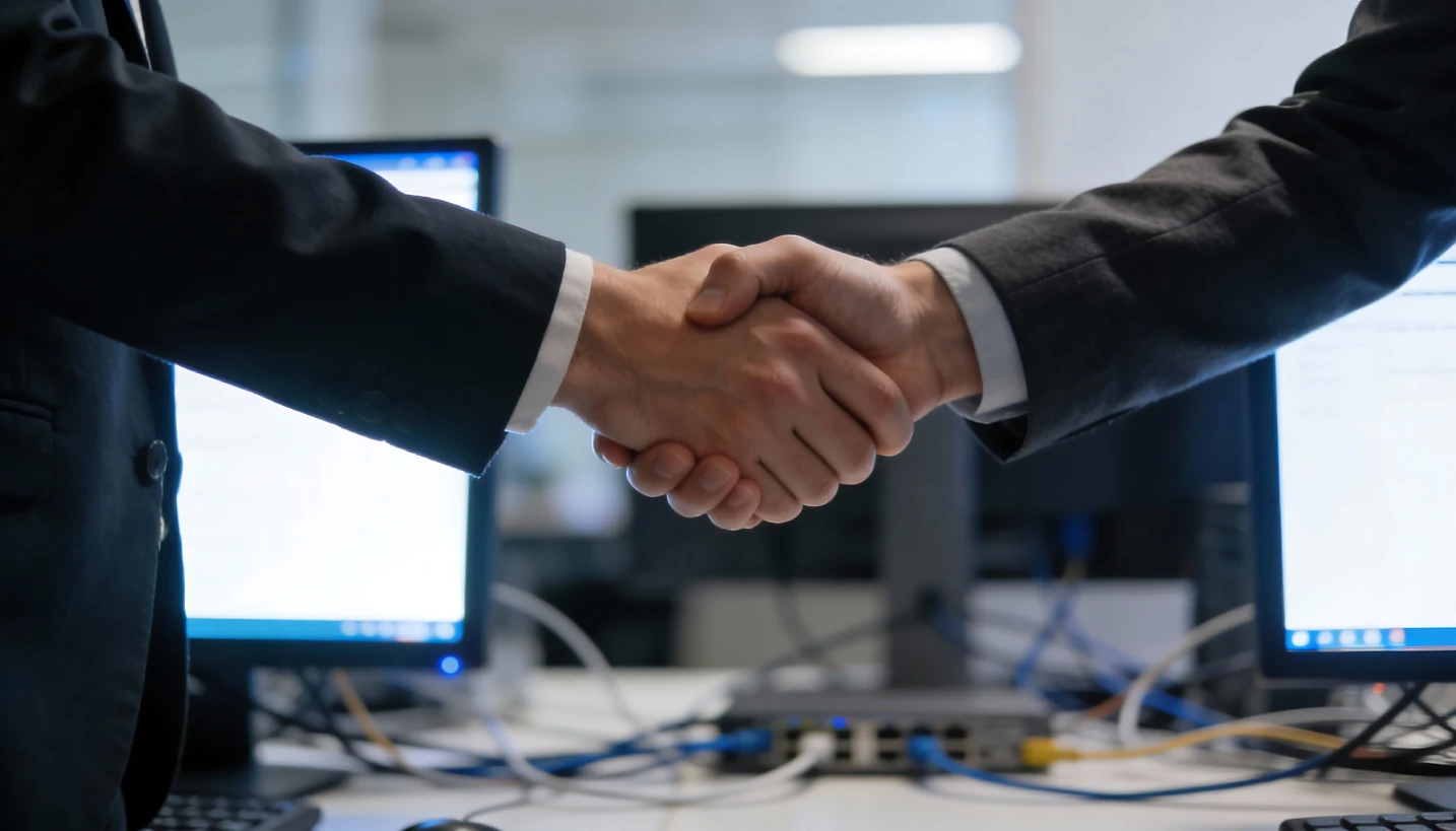 Business handshake in an IT office, reflecting the human relationship behind AI in managed IT