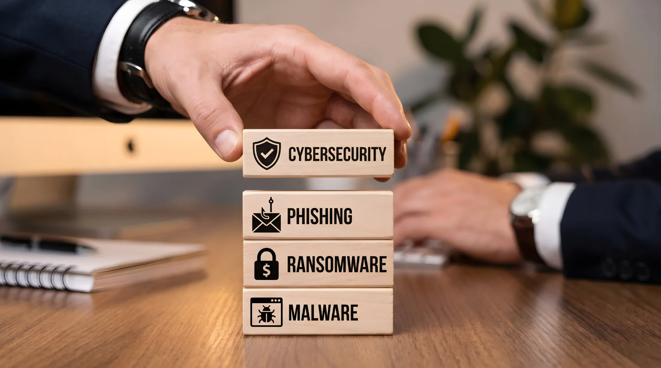 Layered cybersecurity blocks representing ransomware protection for law firms against phishing and malware
