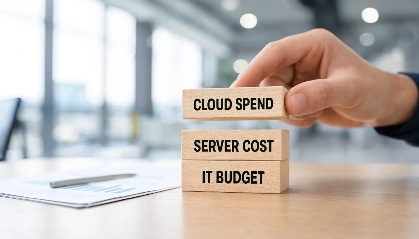 Hand stacking cloud spend and server cost blocks for IT budget planning