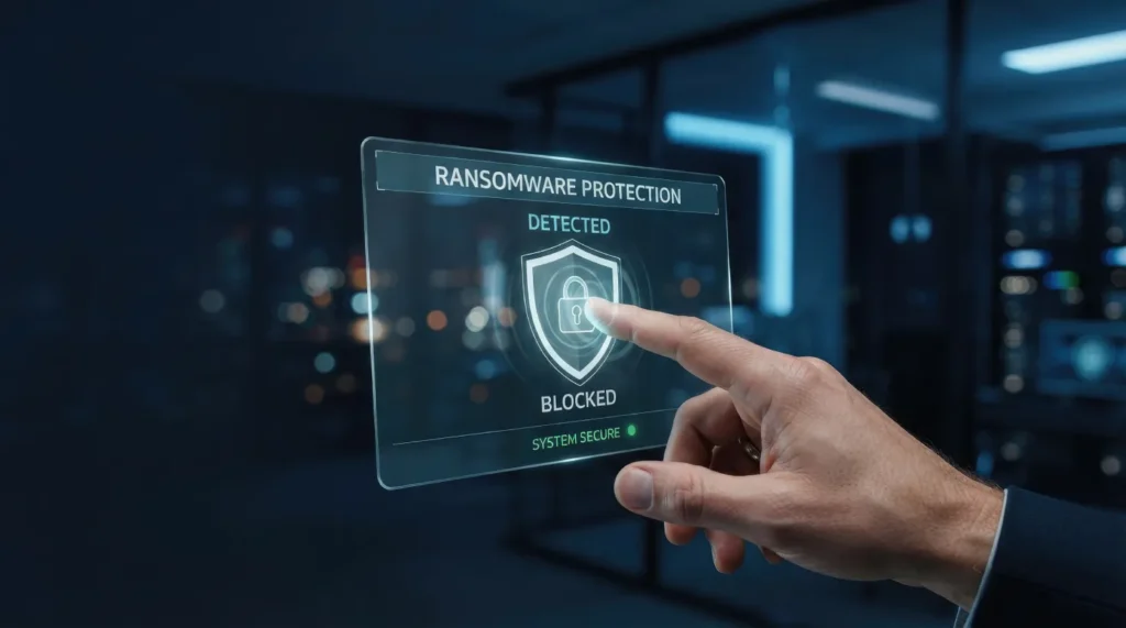 Ransomware protection for law firms shown through real-time threat detection and blocking on a digital security display