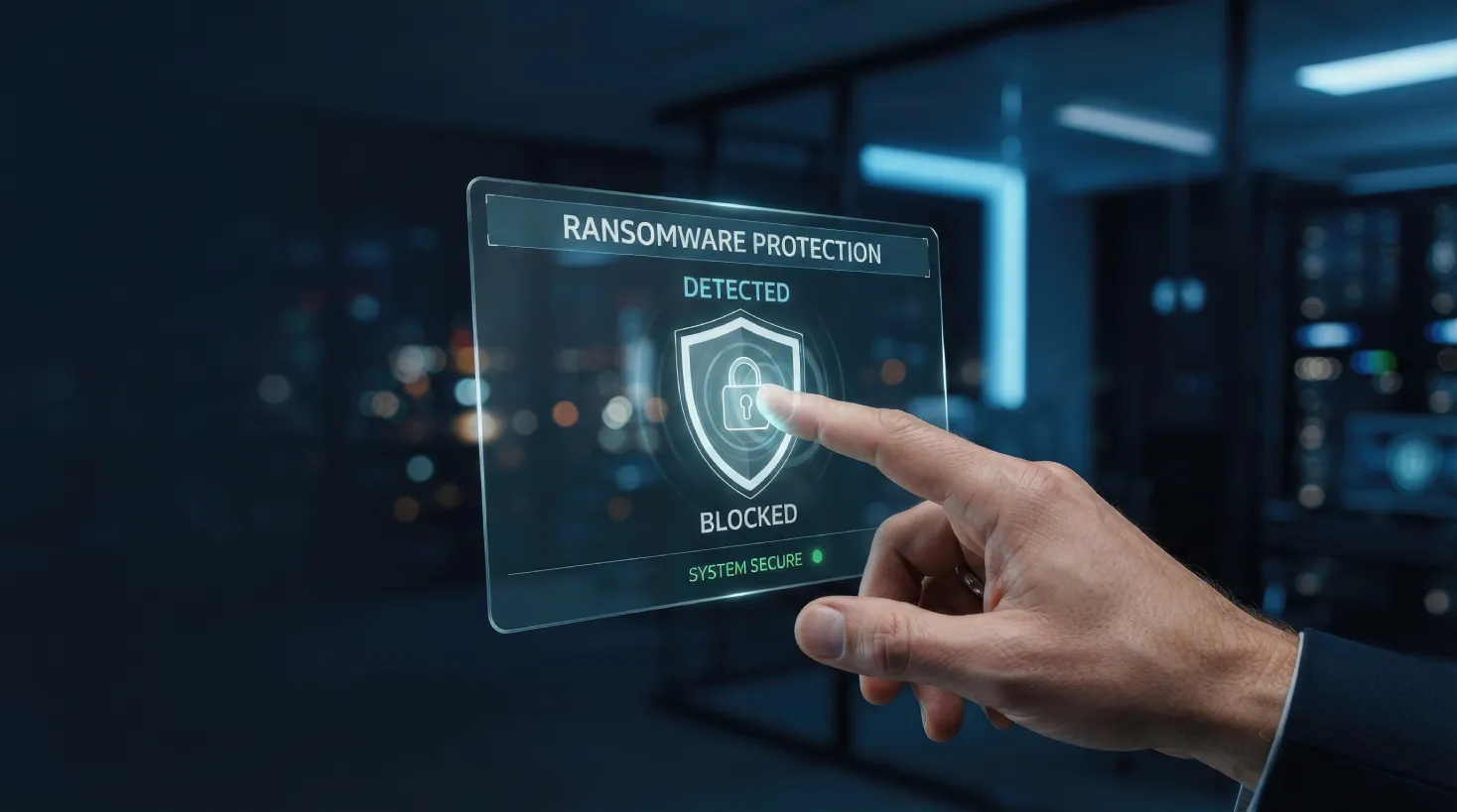 Ransomware protection for law firms shown through real-time threat detection and blocking on a digital security display