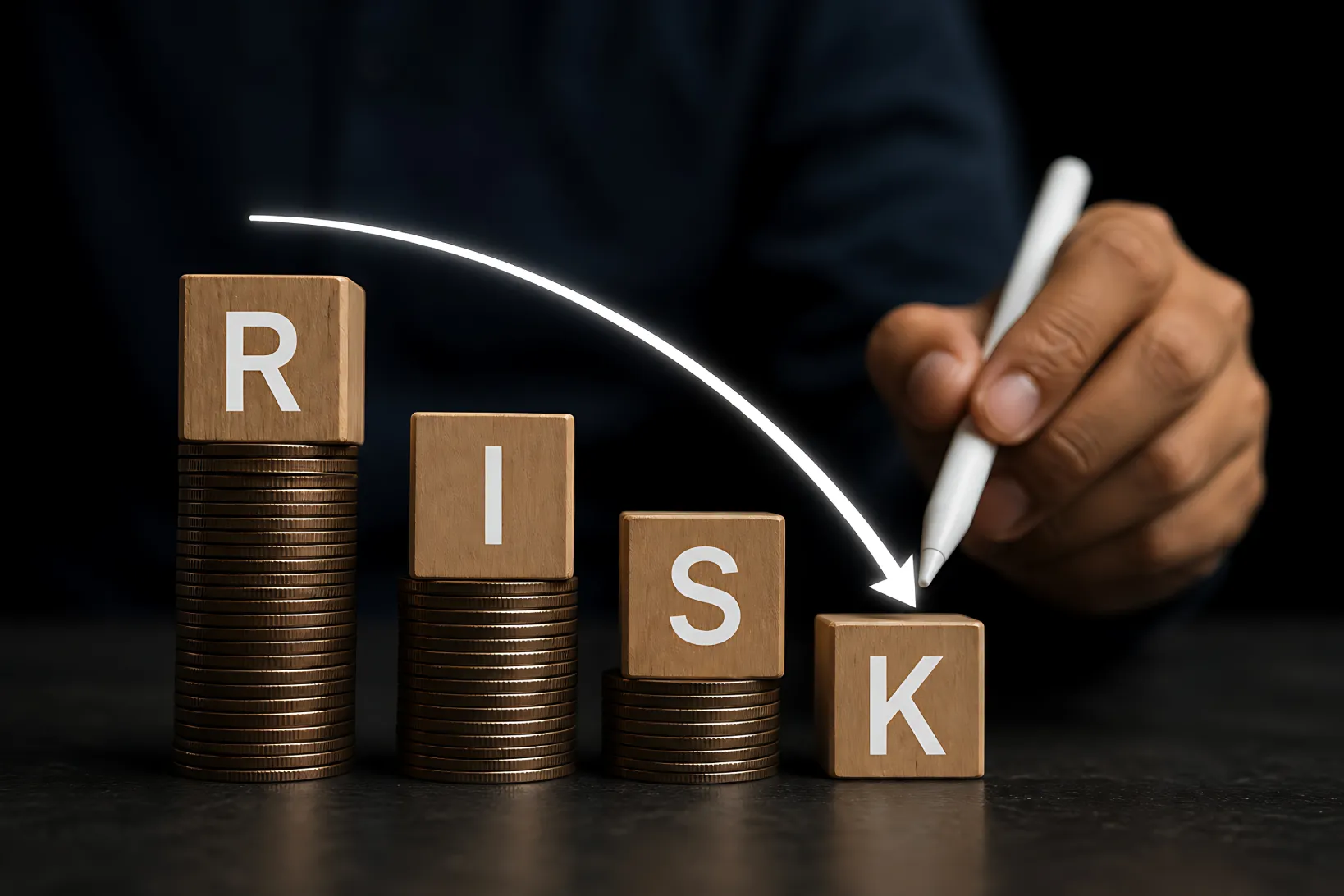 Declining risk arrow on coin stacks illustrating risk reduction in ROI of managed IT