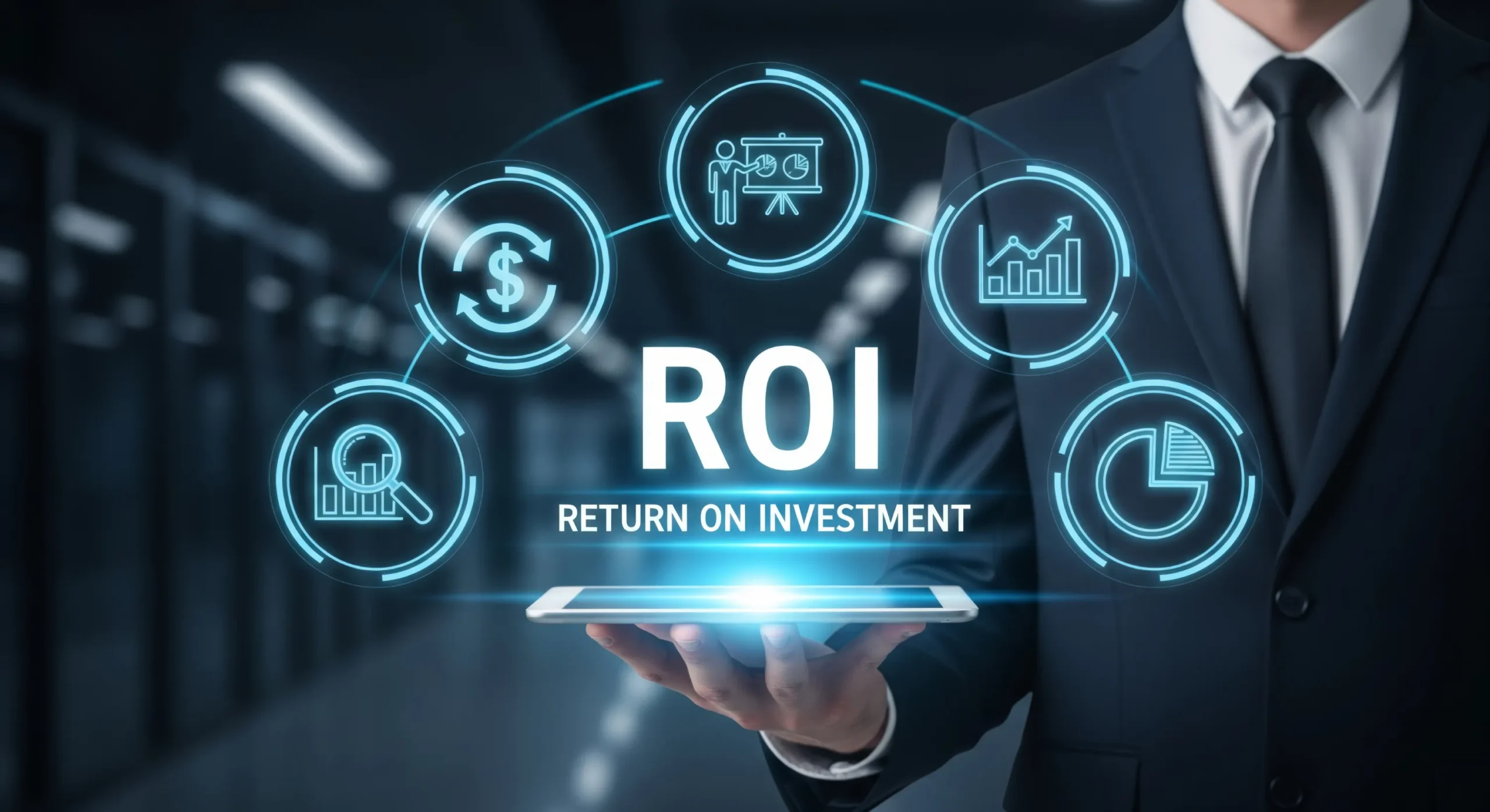Businessman presenting ROI of managed IT with growth, risk, and investment icons